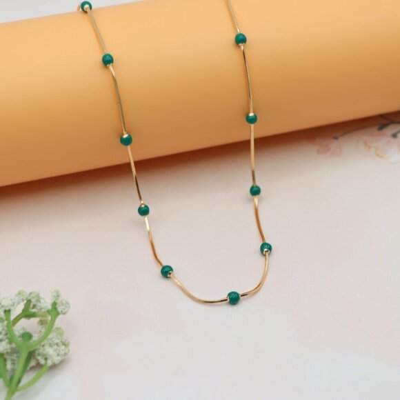 "Rose Gold Necklace with Green Beads Subtle Pop of Color, XPNL0139 - Picture 5 of 12
